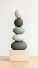 Minimalist stone sculpture with balanced, smooth shapes on a wooden base, AI
