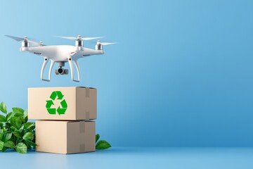 Drone delivering recycled cardboard box with recycle symbol: eco-friendly shipping concept