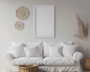 A minimalist living room with a white sofa. two empty frames. and a coffee table