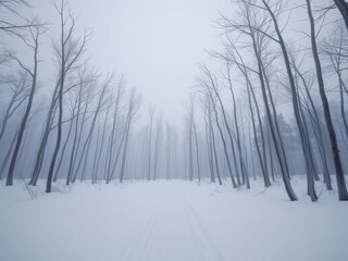 Snowy forest floor with bare trees and a misty sky above, cold climate, bare trees, serene scenery, snowy forest floor, misty sky