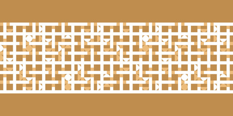 Modern playful checkered pattern Border with white and orange circular shapes on gold. Truchet geometric seamless background for interiors, fashion and giftware.