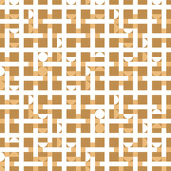 Modern playful checkered pattern with white and orange circular shapes on gold. Truchet geometric seamless background for interiors, fashion and giftware.