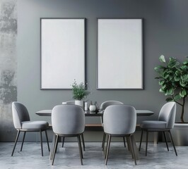 A modern dining room interior with a wooden table. white chairs. and two blank framed pictures on the wall The room is bathed in natural light and features a marble floor