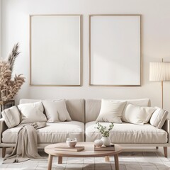 A minimalist living room interior with a white sofa. a coffee table. and two framed prints with a leafy design
