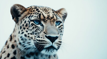 Fototapeta premium Leopard facing camera, intense look, fur texture details, white background, studio lighting,
