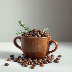 Fototapeta premium Coffee beans in a wooden cup with a sprig of rosemary, botanicals, wooden accents