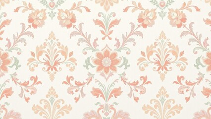 Damask pattern with soft pastel colors on a white background, serene ambiance, ethereal beauty, watercolor effects, soft focus, peaceful decor