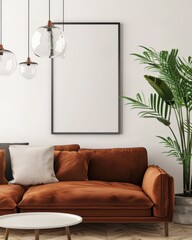 Minimalist living room interior with brown sofa. plant. and blank frame for mockup