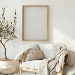 Minimalist living room with a comfortable armchair. a framed poster. a small table. a plant. and a rug on the floor The room is bathed in warm sunlight