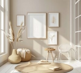 Minimalist interior design with a beige wall. a wicker basket. a wooden stool. and a rug with a bench and pillows