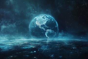 Futuristic world map depicting global connections and technology with earth in soft morning light