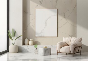 Modern living room interior with white armchair. marble wall. and large empty picture frame