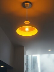 A glowing yellow light fixture in a modern setting creates an urban ambiance, sophisticated style, ambient atmosphere, luminescent light