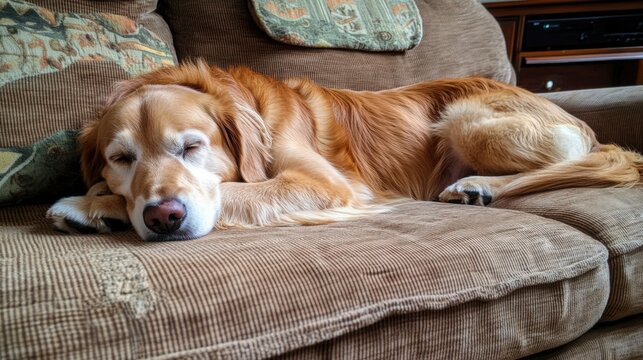 Golden retriever dog lying on a sofa, relaxed pose, cozy living room setting, natural daylight, friendly and calm atmosphere