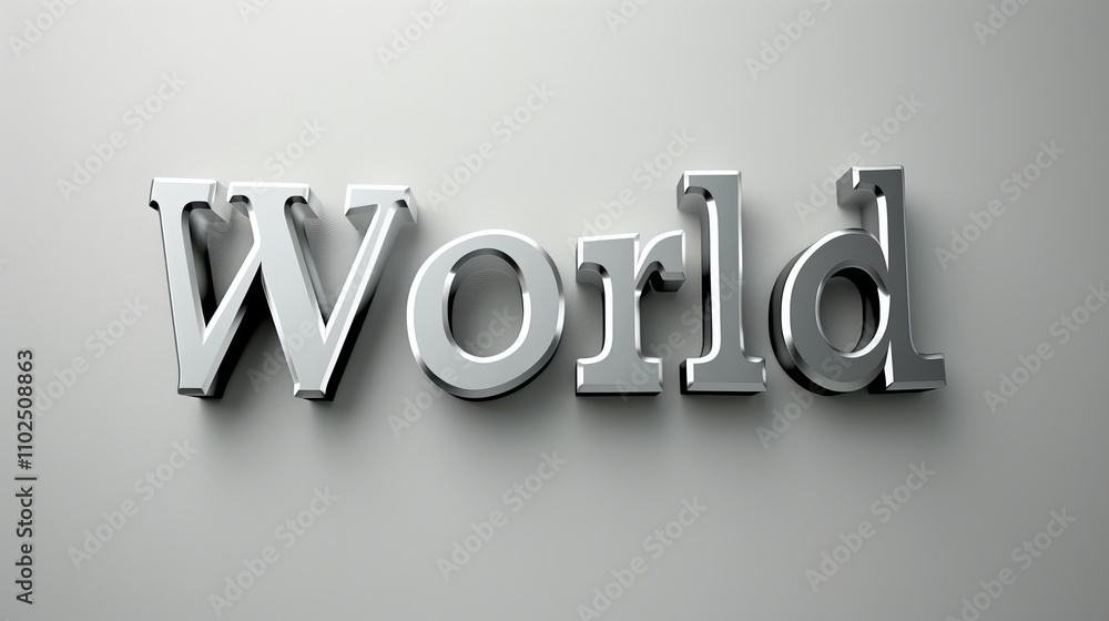 Poster a 3d-rendered image of the word world in metallic letters placed on a neutral background, showcasing