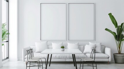 Modern dining room interior with white walls. a large wooden table with six chairs. a white sofa. and two empty frames on the wall
