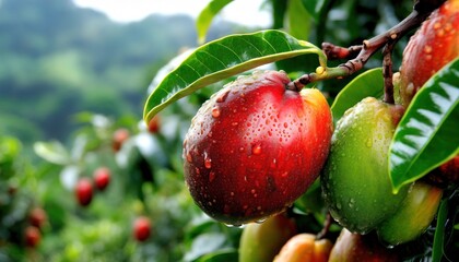 Obraz premium Fresh vibrant red and green mangos hanging on a tree branch with droplets of water under natural morning light