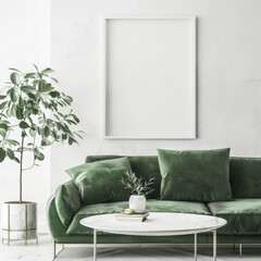 A modern living room with a green velvet sofa. a marble coffee table. a white potted plant. a blank poster frame and wooden floor