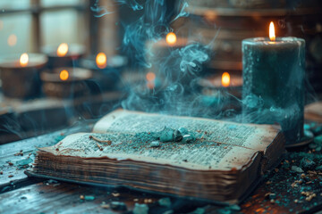 Obraz premium an old book lying on a wooden table, surrounded by candles and clouds of smoke. The pages of the book are worn by time, crystals and magic dust lie on them, adding mystery to the scene. 