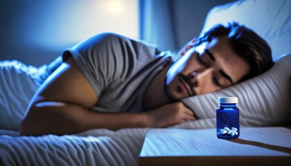 A man peacefully asleep with a bottle of sleeping pills on a bedside table, with soft, cool lighting highlighting the scene
