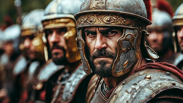 Dramatic Portrait of Roman Soldiers in Armor Displaying Strength and Determination in Battle Formation