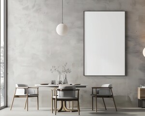Modern dining room interior with a large blank canvas hanging above a wooden dining table with six chairs