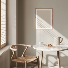 A modern kitchen with a white marble countertop and a wooden chair. a plate of fruit on the table. and sunlight streaming in from the window