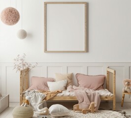 Minimalist nursery room interior with a wooden daybed. pink pillows and a blank frame mockup
