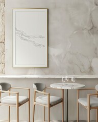 A modern. minimalist cafe interior with a white marble table. two grey chairs. a potted plant. and a blank picture frame on the wall