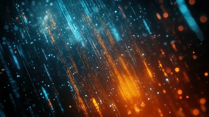 Abstract futuristic background with orange and blue glowing dots and lines, symbolizing digital data flow, minimalistic tech design