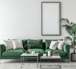 A modern living room with a green velvet sofa. a coffee table. and three framed posters on the wall. and two plants