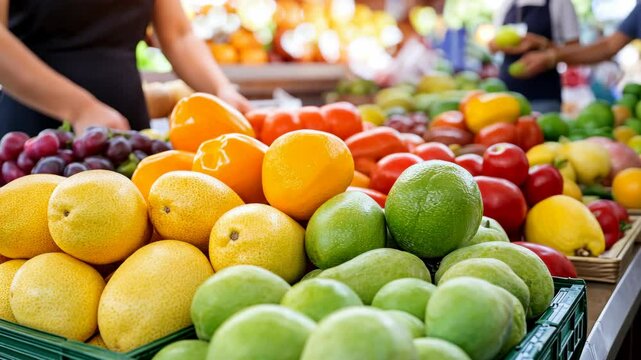 Vibrant market scene with fresh fruits and vegetables showcasing lively exchanges