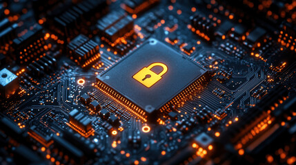 Microchip with illuminated padlock demonstrating cybersecurity and data protection on a circuit board