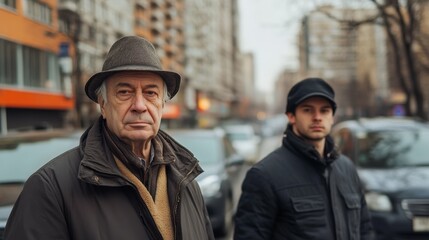 Elderly man looking serious next to younger man on a city street, parked cars and urban buildings in background, daylight