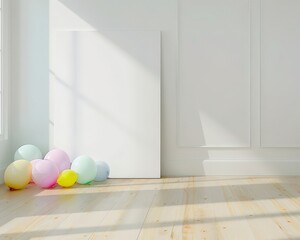 A blank white canvas poster mockup with pastel-colored balloons and eggs in a minimalistic setting