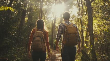 Fototapeta premium Couple walking in a forest with backpacks, sunlight filtering through trees, natural surroundings, calm and peaceful outdoor setting