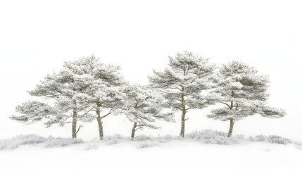 Tranquil White Pines Under a Gentle Blanket of Winter Snow Against a Whitened Sky