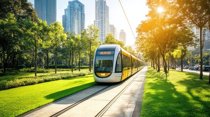 Obraz premium Futuristic street car train riding on the track through the park in downtown. City of future urban concept