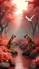 Vibrant 3D Floral Landscape with Wildlife