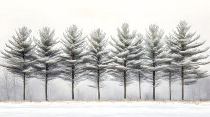 Fototapeta premium Tranquil White Pines Under a Gentle Blanket of Winter Snow Against a Whitened Sky