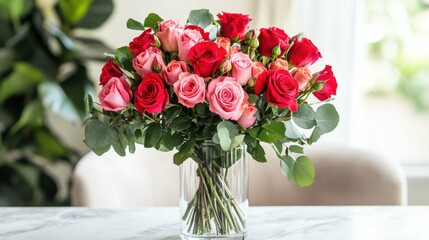 Fototapeta premium A bouquet of vibrant red and pink roses in a clear glass vase, placed on a clean, white surface with natural light,