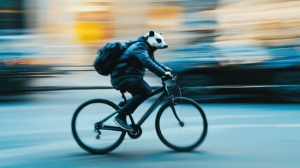 Cyclist in motion, speeding on a city street, motion blur effect, daylight,  Badger sitting and looking sideways, distinct fur patterns, white background, studio lighting,