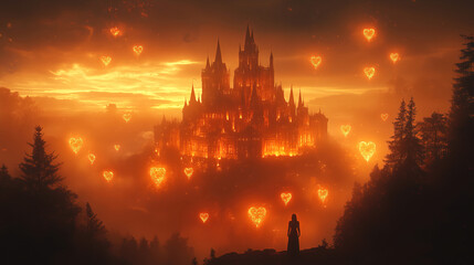 Naklejka premium Majestic dark castle illuminated by glowing hearts at sunset over a serene landscape. Generative AI