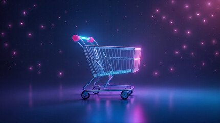Neon shopping cart with Pink Glow on Dark Background, Cyber Monday design concept , Generative Ai