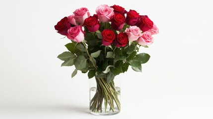 A bouquet of vibrant red and pink roses in a clear glass vase, placed on a clean, white surface with natural light,