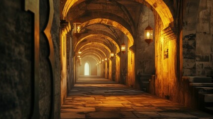 Obraz premium An inviting, warm-toned image of a long stone corridor illuminated by glowing lanterns along the walls, highlighting the intricate arches and textures of the historic setting. AI generated.