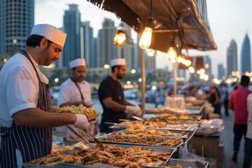 Chefs are seen skillfully preparing a range of dishes in an outdoor market setting, highlighting culinary traditions and the joy of sharing diverse cuisines with community.