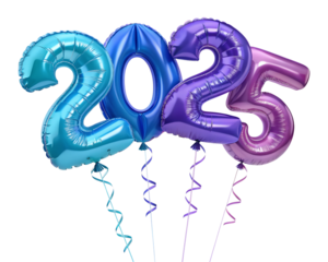 2025 New Year Festive Blue, Purple Mylar Balloons Isolated on White or Transparent PNG