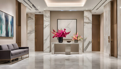 A modern lobby with a minimalist design featuring