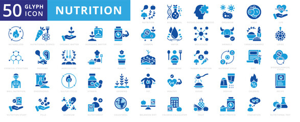 Nutrition icon set of food, fruit, animals, cooking, agriculture, energy, healthy, diet, life, nutrition, study, sugar, plants, vitamin, fat, soil, calories, cholesterol, pills, organism, carbon, test